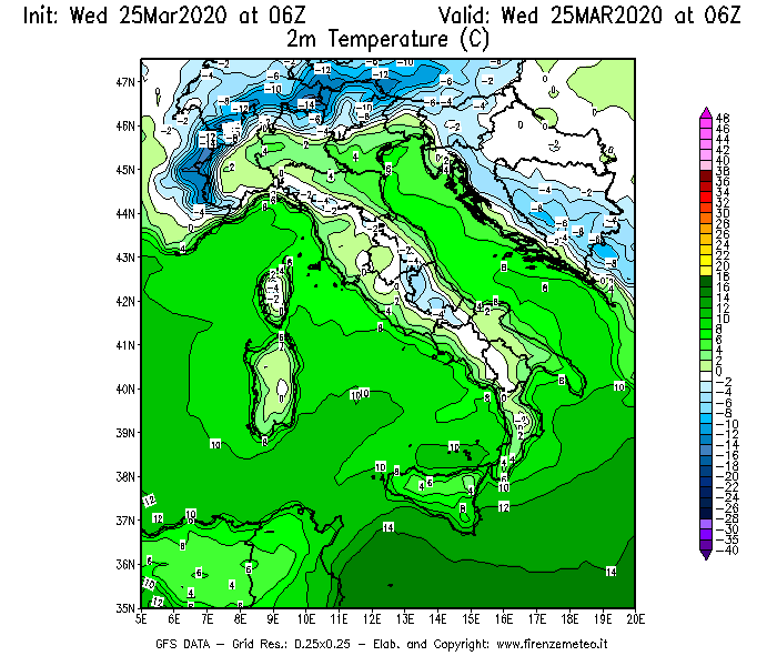 Mappa di analisi GFS - Temperatura a 2 metri dal suolo [°C] in Italia
							del 25/03/2020 06 <!--googleoff: index-->UTC<!--googleon: index-->