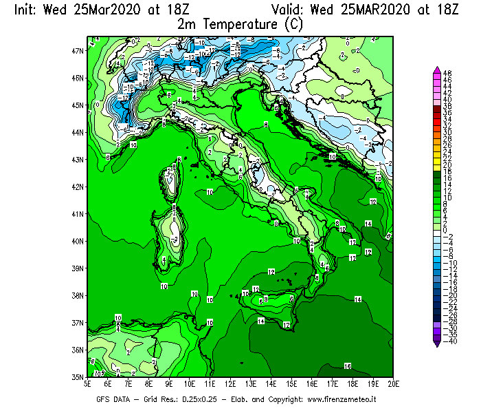 Mappa di analisi GFS - Temperatura a 2 metri dal suolo [°C] in Italia
							del 25/03/2020 18 <!--googleoff: index-->UTC<!--googleon: index-->
