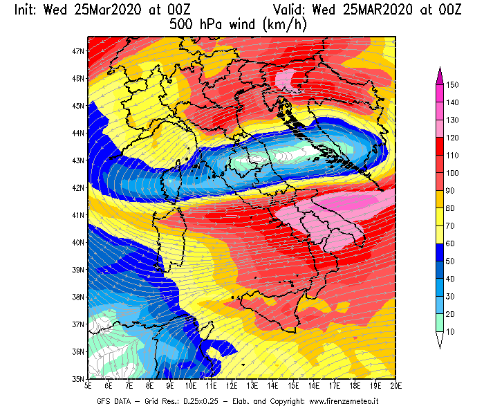 Mappa di analisi GFS - Velocità del vento a 500 hPa [km/h] in Italia
							del 25/03/2020 00 <!--googleoff: index-->UTC<!--googleon: index-->