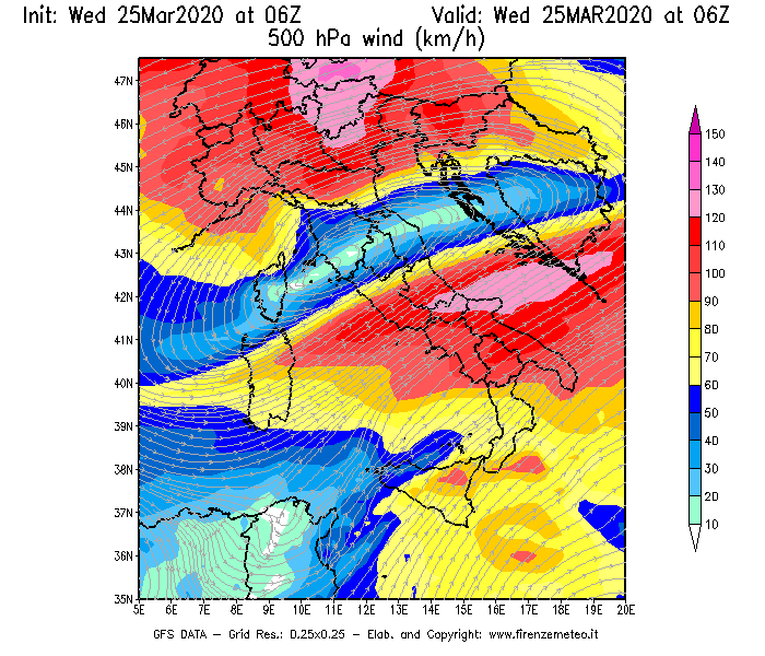 Mappa di analisi GFS - Velocità del vento a 500 hPa [km/h] in Italia
							del 25/03/2020 06 <!--googleoff: index-->UTC<!--googleon: index-->