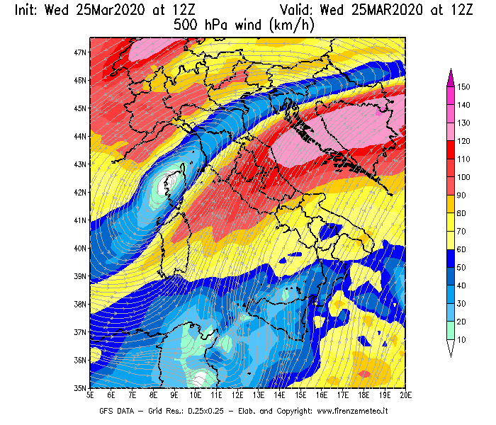 Mappa di analisi GFS - Velocità del vento a 500 hPa [km/h] in Italia
							del 25/03/2020 12 <!--googleoff: index-->UTC<!--googleon: index-->