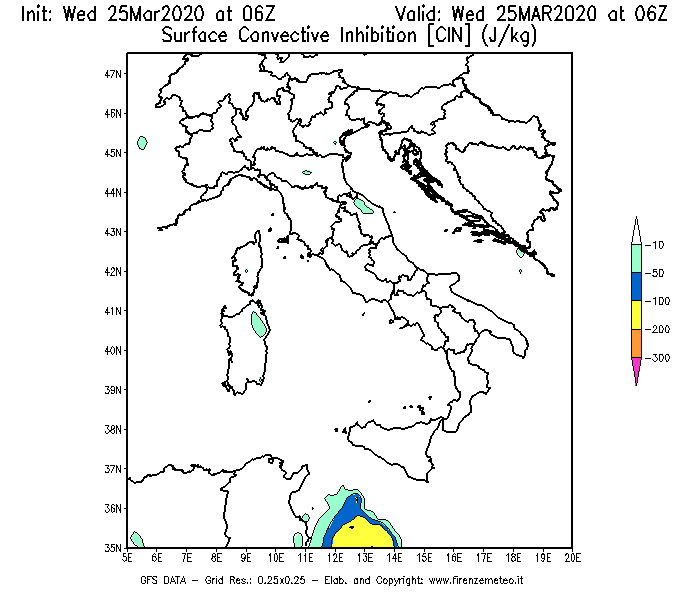 Mappa di analisi GFS - CIN [J/kg] in Italia
							del 25/03/2020 06 <!--googleoff: index-->UTC<!--googleon: index-->