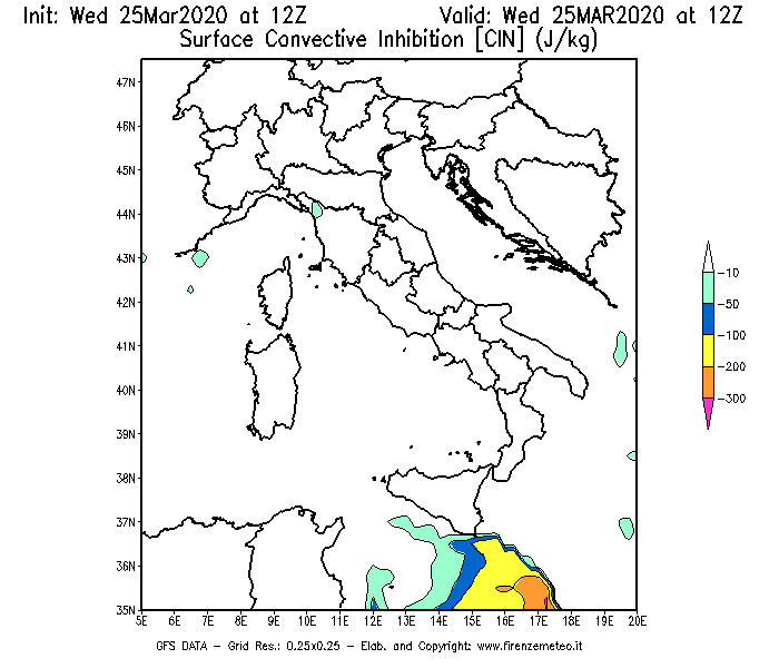 Mappa di analisi GFS - CIN [J/kg] in Italia
							del 25/03/2020 12 <!--googleoff: index-->UTC<!--googleon: index-->