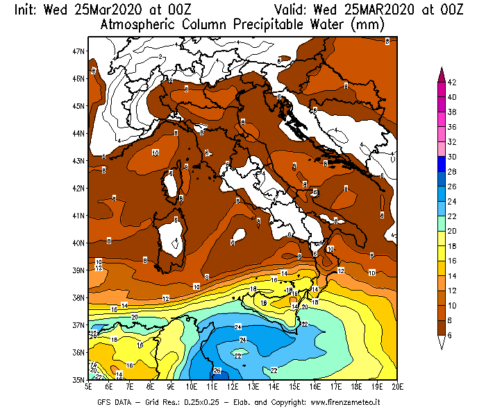 Mappa di analisi GFS - Precipitable Water [mm] in Italia
							del 25/03/2020 00 <!--googleoff: index-->UTC<!--googleon: index-->