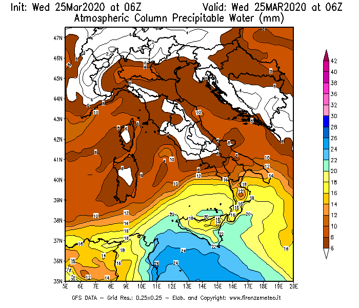 Mappa di analisi GFS - Precipitable Water [mm] in Italia
							del 25/03/2020 06 <!--googleoff: index-->UTC<!--googleon: index-->