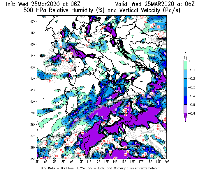Mappa di analisi GFS - Umidità relativa [%] e Omega [Pa/s] a 500 hPa in Italia
							del 25/03/2020 06 <!--googleoff: index-->UTC<!--googleon: index-->