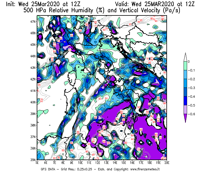Mappa di analisi GFS - Umidità relativa [%] e Omega [Pa/s] a 500 hPa in Italia
							del 25/03/2020 12 <!--googleoff: index-->UTC<!--googleon: index-->