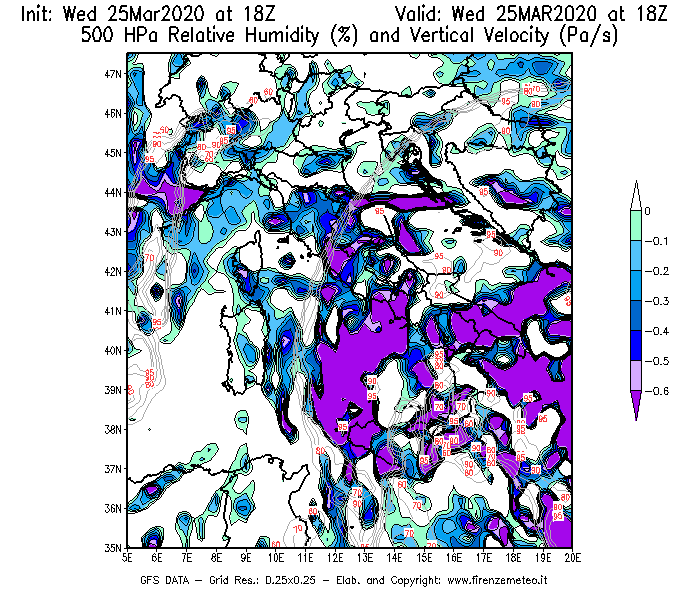 Mappa di analisi GFS - Umidità relativa [%] e Omega [Pa/s] a 500 hPa in Italia
							del 25/03/2020 18 <!--googleoff: index-->UTC<!--googleon: index-->