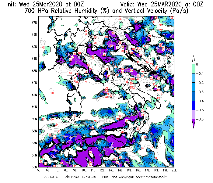 Mappa di analisi GFS - Umidità relativa [%] e Omega [Pa/s] a 700 hPa in Italia
							del 25/03/2020 00 <!--googleoff: index-->UTC<!--googleon: index-->