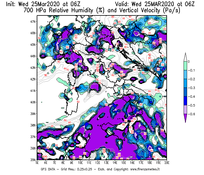 Mappa di analisi GFS - Umidità relativa [%] e Omega [Pa/s] a 700 hPa in Italia
							del 25/03/2020 06 <!--googleoff: index-->UTC<!--googleon: index-->