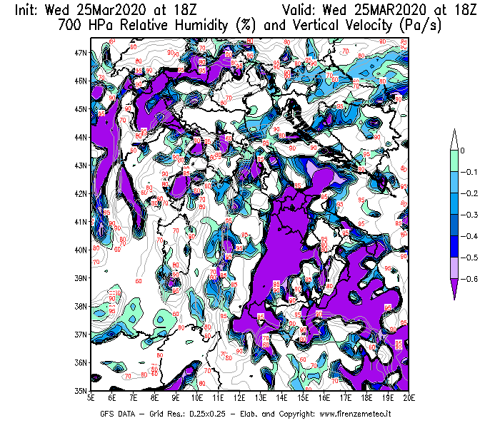 Mappa di analisi GFS - Umidità relativa [%] e Omega [Pa/s] a 700 hPa in Italia
							del 25/03/2020 18 <!--googleoff: index-->UTC<!--googleon: index-->
