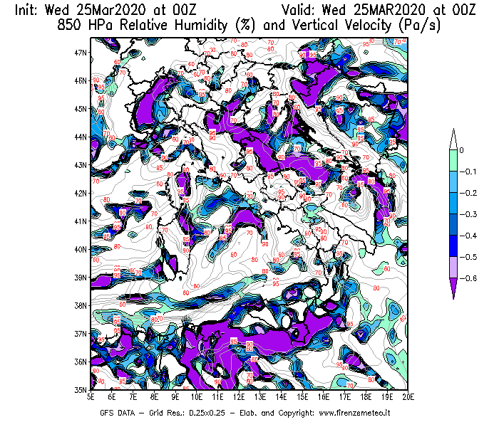 Mappa di analisi GFS - Umidità relativa [%] e Omega [Pa/s] a 850 hPa in Italia
							del 25/03/2020 00 <!--googleoff: index-->UTC<!--googleon: index-->