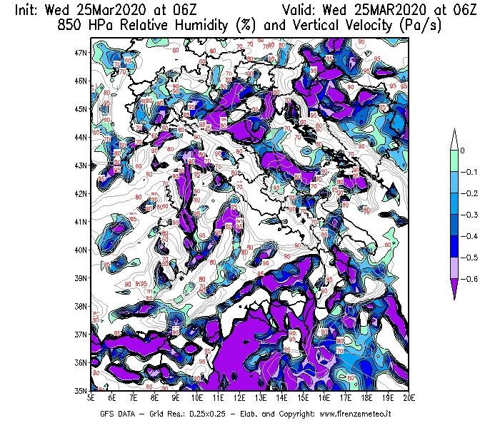 Mappa di analisi GFS - Umidità relativa [%] e Omega [Pa/s] a 850 hPa in Italia
							del 25/03/2020 06 <!--googleoff: index-->UTC<!--googleon: index-->