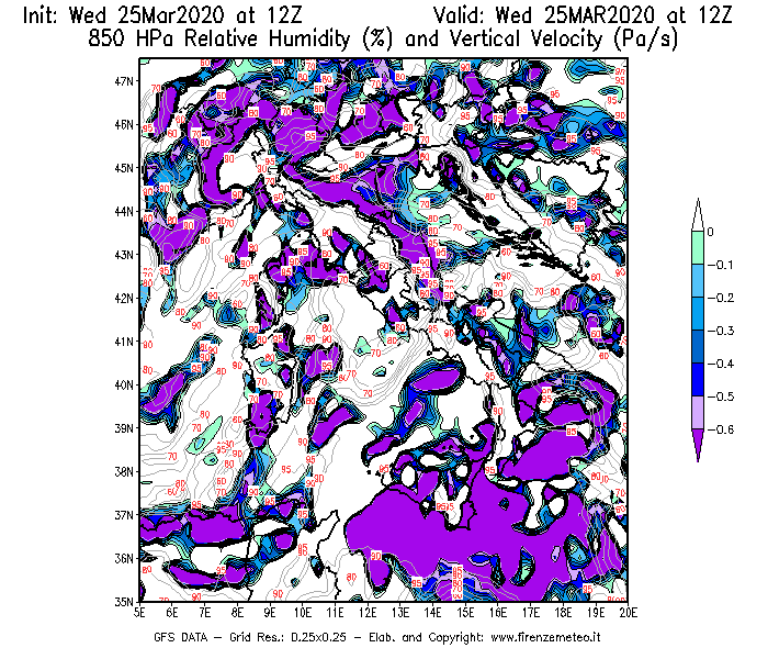 Mappa di analisi GFS - Umidità relativa [%] e Omega [Pa/s] a 850 hPa in Italia
							del 25/03/2020 12 <!--googleoff: index-->UTC<!--googleon: index-->