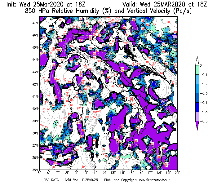 Mappa di analisi GFS - Umidità relativa [%] e Omega [Pa/s] a 850 hPa in Italia
							del 25/03/2020 18 <!--googleoff: index-->UTC<!--googleon: index-->