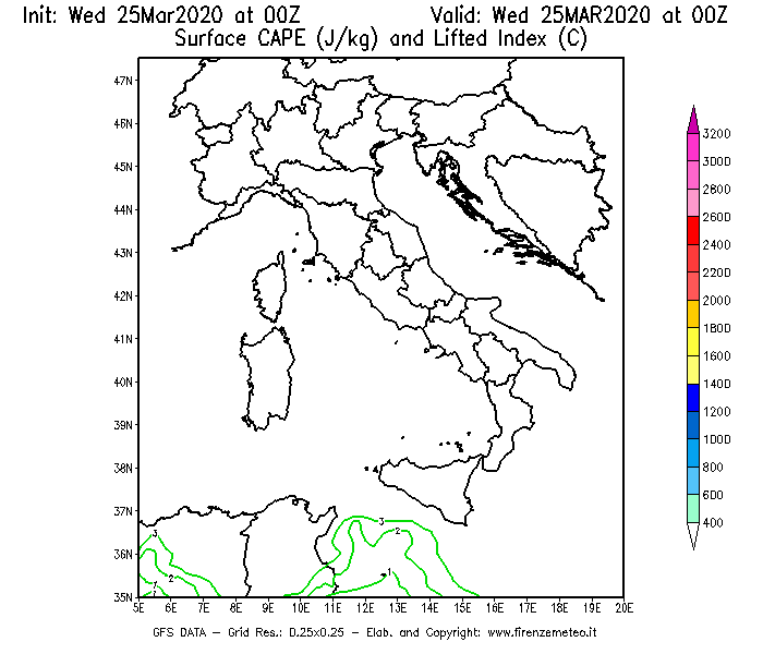 Mappa di analisi GFS - CAPE [J/kg] e Lifted Index [°C] in Italia
							del 25/03/2020 00 <!--googleoff: index-->UTC<!--googleon: index-->