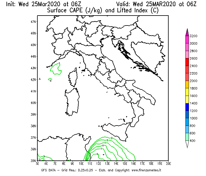 Mappa di analisi GFS - CAPE [J/kg] e Lifted Index [°C] in Italia
							del 25/03/2020 06 <!--googleoff: index-->UTC<!--googleon: index-->