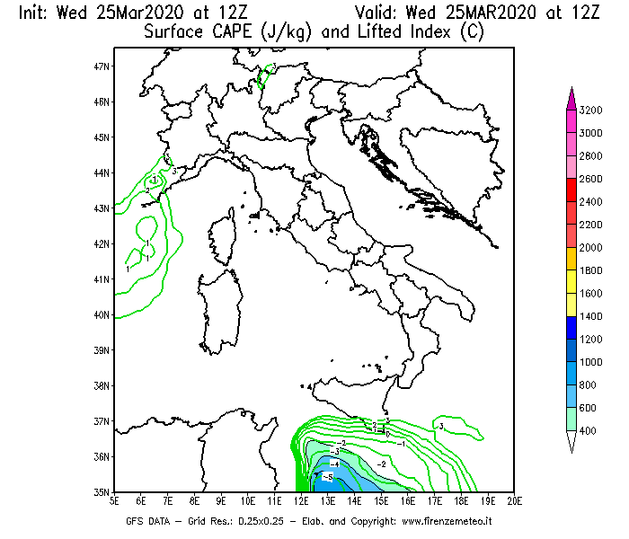 Mappa di analisi GFS - CAPE [J/kg] e Lifted Index [°C] in Italia
							del 25/03/2020 12 <!--googleoff: index-->UTC<!--googleon: index-->