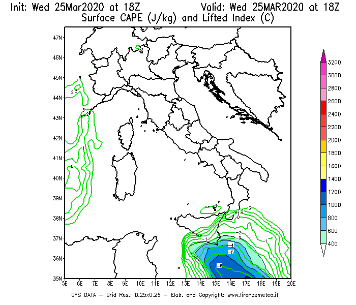 Mappa di analisi GFS - CAPE [J/kg] e Lifted Index [°C] in Italia
							del 25/03/2020 18 <!--googleoff: index-->UTC<!--googleon: index-->