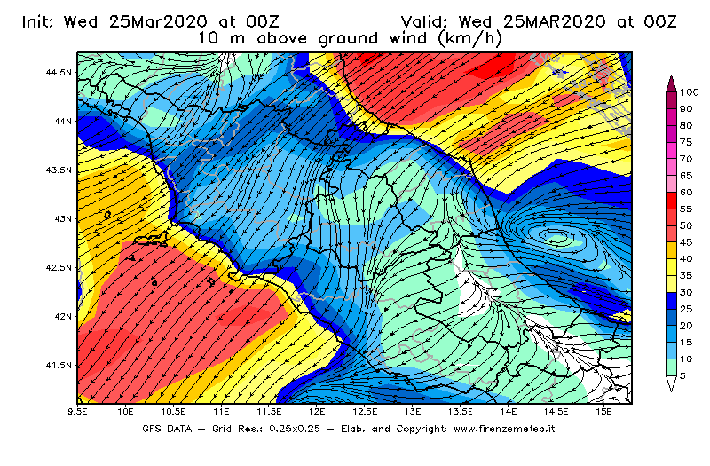 Mappa di analisi GFS - Velocità del vento a 10 metri dal suolo [km/h] in Centro-Italia
							del 25/03/2020 00 <!--googleoff: index-->UTC<!--googleon: index-->