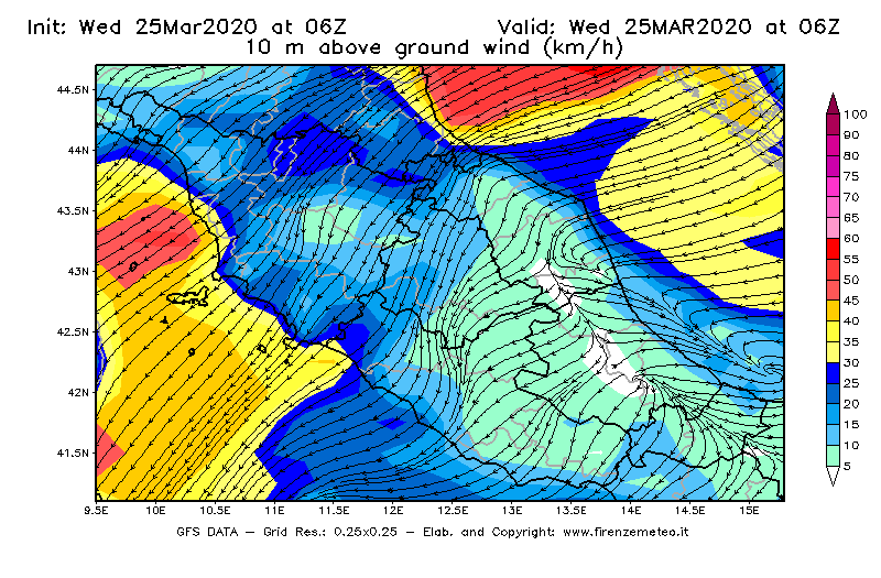 Mappa di analisi GFS - Velocità del vento a 10 metri dal suolo [km/h] in Centro-Italia
							del 25/03/2020 06 <!--googleoff: index-->UTC<!--googleon: index-->