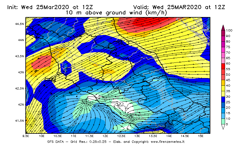 Mappa di analisi GFS - Velocità del vento a 10 metri dal suolo [km/h] in Centro-Italia
							del 25/03/2020 12 <!--googleoff: index-->UTC<!--googleon: index-->