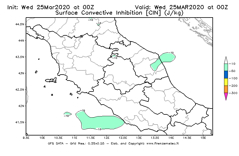 Mappa di analisi GFS - CIN [J/kg] in Centro-Italia
							del 25/03/2020 00 <!--googleoff: index-->UTC<!--googleon: index-->