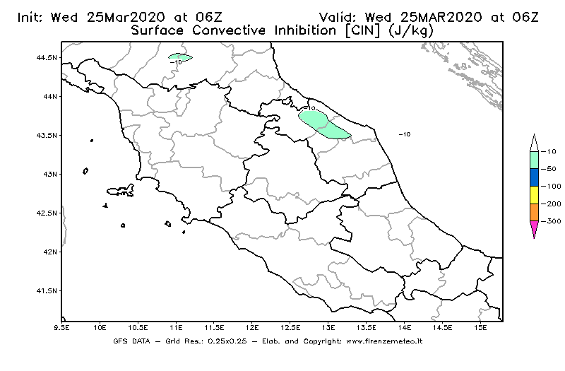 Mappa di analisi GFS - CIN [J/kg] in Centro-Italia
							del 25/03/2020 06 <!--googleoff: index-->UTC<!--googleon: index-->