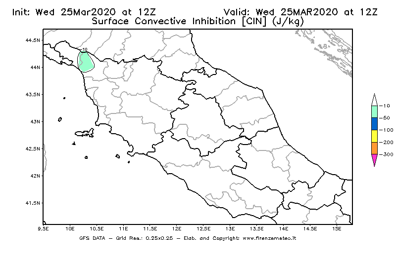 Mappa di analisi GFS - CIN [J/kg] in Centro-Italia
							del 25/03/2020 12 <!--googleoff: index-->UTC<!--googleon: index-->