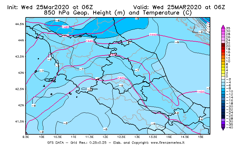 Mappa di analisi GFS - Geopotenziale [m] e Temperatura [°C] a 850 hPa in Centro-Italia
							del 25/03/2020 06 <!--googleoff: index-->UTC<!--googleon: index-->
