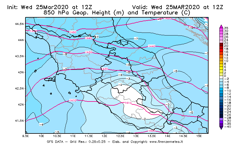 Mappa di analisi GFS - Geopotenziale [m] e Temperatura [°C] a 850 hPa in Centro-Italia
							del 25/03/2020 12 <!--googleoff: index-->UTC<!--googleon: index-->