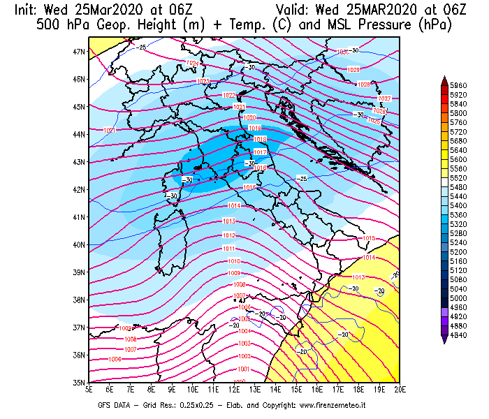 Mappa di analisi GFS - Geopotenziale [m] + Temp. [°C] a 500 hPa + Press. a livello del mare [hPa] in Italia
							del 25/03/2020 06 <!--googleoff: index-->UTC<!--googleon: index-->
