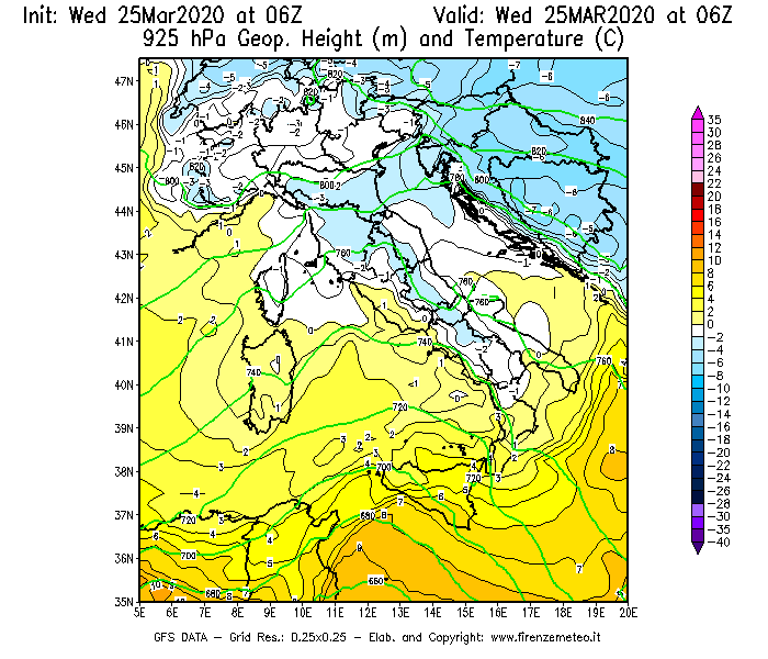 Mappa di analisi GFS - Geopotenziale [m] e Temperatura [°C] a 925 hPa in Italia
							del 25/03/2020 06 <!--googleoff: index-->UTC<!--googleon: index-->