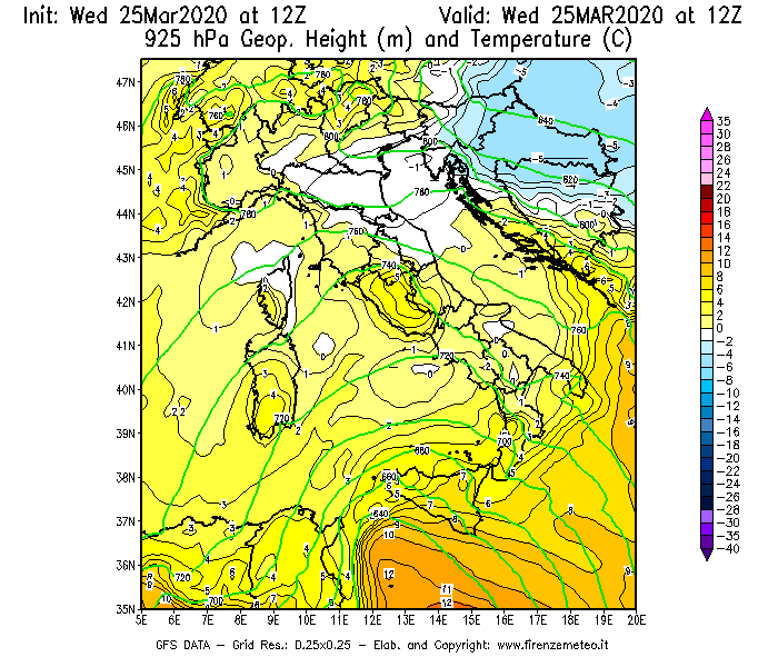Mappa di analisi GFS - Geopotenziale [m] e Temperatura [°C] a 925 hPa in Italia
							del 25/03/2020 12 <!--googleoff: index-->UTC<!--googleon: index-->