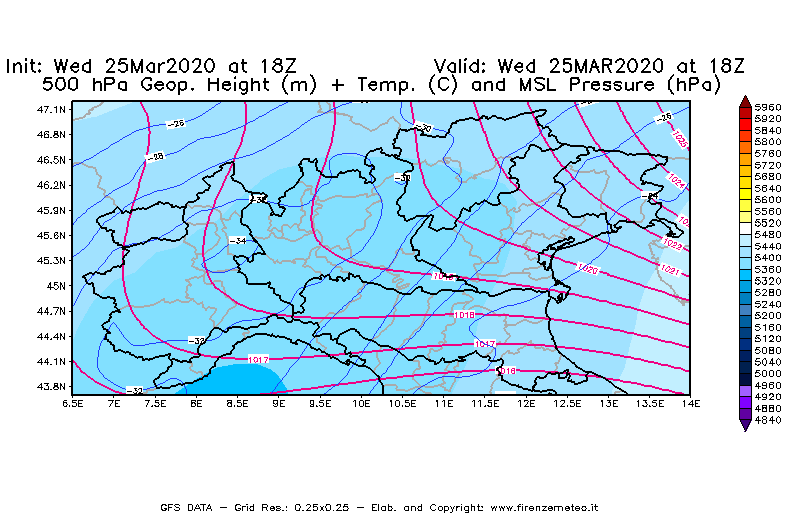 Mappa di analisi GFS - Geopotenziale [m] + Temp. [°C] a 500 hPa + Press. a livello del mare [hPa] in Nord-Italia
							del 25/03/2020 18 <!--googleoff: index-->UTC<!--googleon: index-->