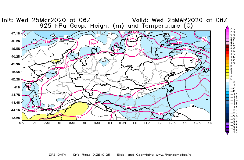 Mappa di analisi GFS - Geopotenziale [m] e Temperatura [°C] a 925 hPa in Nord-Italia
							del 25/03/2020 06 <!--googleoff: index-->UTC<!--googleon: index-->