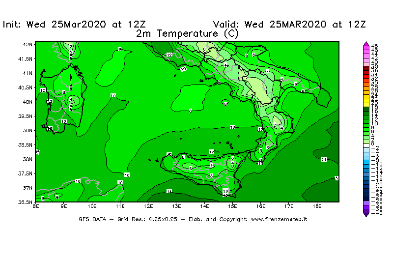 Mappa di analisi GFS - Temperatura a 2 metri dal suolo [°C] in Sud-Italia
							del 25/03/2020 12 <!--googleoff: index-->UTC<!--googleon: index-->