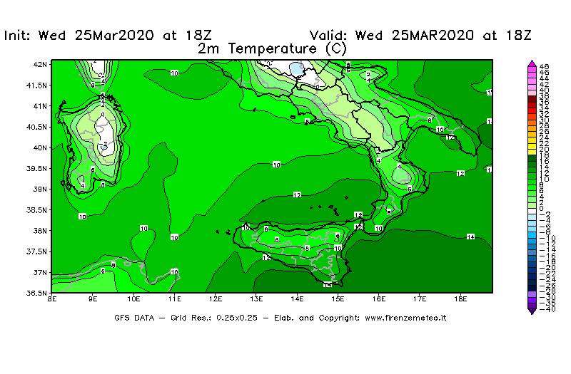 Mappa di analisi GFS - Temperatura a 2 metri dal suolo [°C] in Sud-Italia
							del 25/03/2020 18 <!--googleoff: index-->UTC<!--googleon: index-->