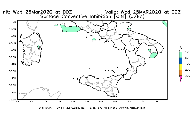 Mappa di analisi GFS - CIN [J/kg] in Sud-Italia
							del 25/03/2020 00 <!--googleoff: index-->UTC<!--googleon: index-->