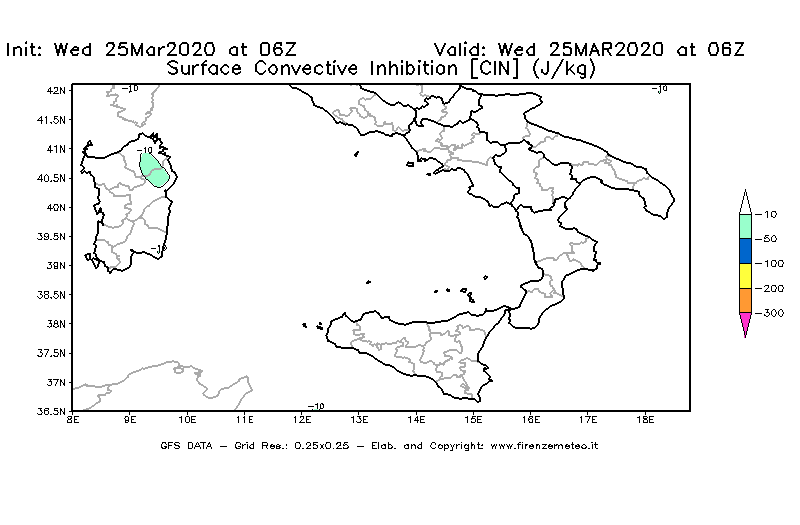 Mappa di analisi GFS - CIN [J/kg] in Sud-Italia
							del 25/03/2020 06 <!--googleoff: index-->UTC<!--googleon: index-->
