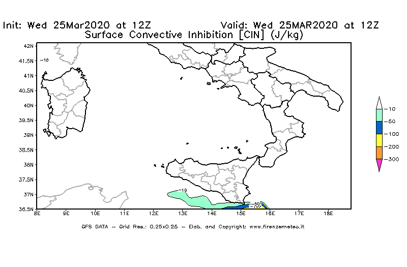 Mappa di analisi GFS - CIN [J/kg] in Sud-Italia
							del 25/03/2020 12 <!--googleoff: index-->UTC<!--googleon: index-->