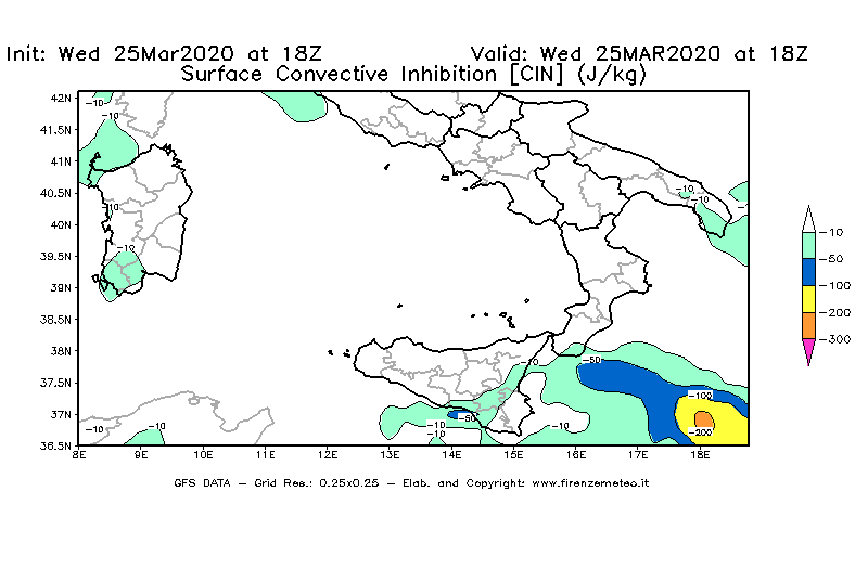 Mappa di analisi GFS - CIN [J/kg] in Sud-Italia
							del 25/03/2020 18 <!--googleoff: index-->UTC<!--googleon: index-->