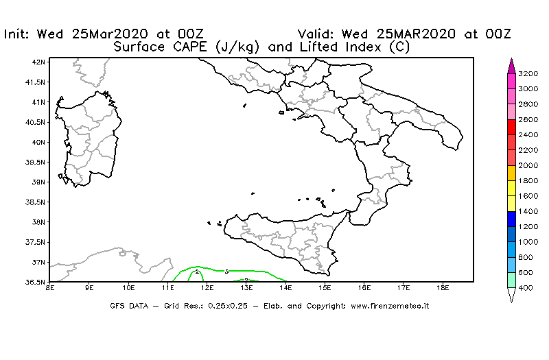 Mappa di analisi GFS - CAPE [J/kg] e Lifted Index [°C] in Sud-Italia
							del 25/03/2020 00 <!--googleoff: index-->UTC<!--googleon: index-->