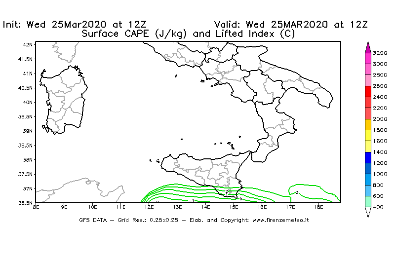 Mappa di analisi GFS - CAPE [J/kg] e Lifted Index [°C] in Sud-Italia
							del 25/03/2020 12 <!--googleoff: index-->UTC<!--googleon: index-->
