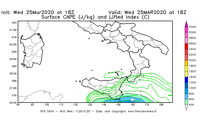 Mappa di analisi GFS - CAPE [J/kg] e Lifted Index [°C] in Sud-Italia
							del 25/03/2020 18 <!--googleoff: index-->UTC<!--googleon: index-->
