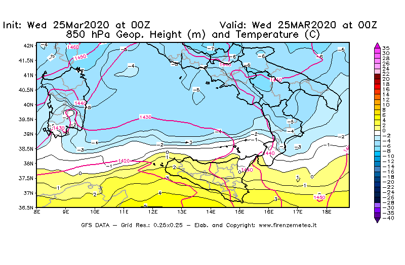 Mappa di analisi GFS - Geopotenziale [m] e Temperatura [°C] a 850 hPa in Sud-Italia
							del 25/03/2020 00 <!--googleoff: index-->UTC<!--googleon: index-->