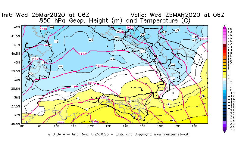 Mappa di analisi GFS - Geopotenziale [m] e Temperatura [°C] a 850 hPa in Sud-Italia
							del 25/03/2020 06 <!--googleoff: index-->UTC<!--googleon: index-->