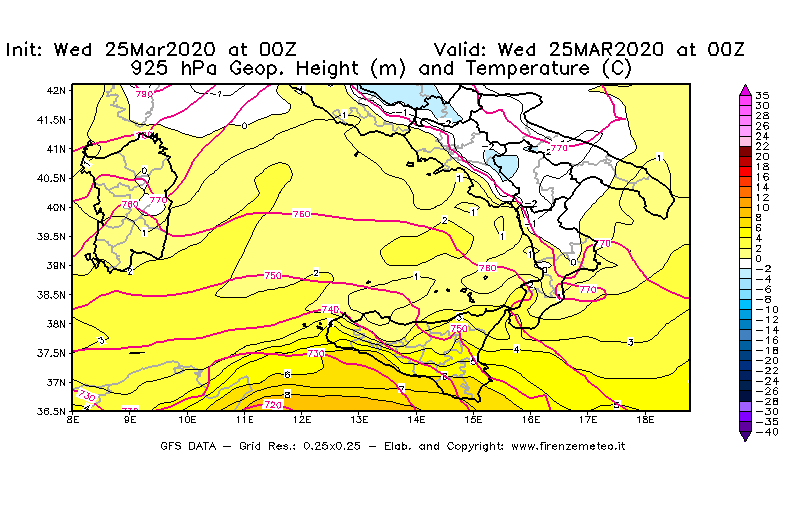 Mappa di analisi GFS - Geopotenziale [m] e Temperatura [°C] a 925 hPa in Sud-Italia
							del 25/03/2020 00 <!--googleoff: index-->UTC<!--googleon: index-->