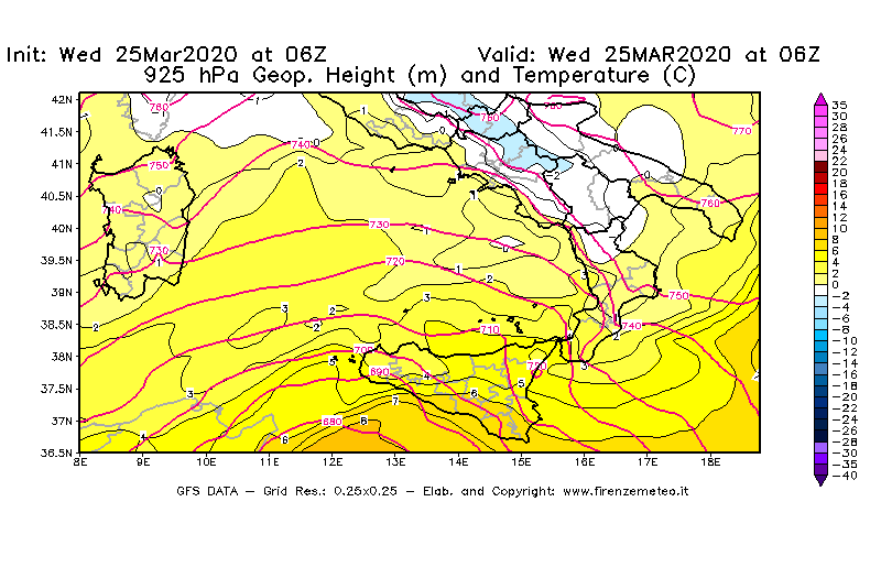 Mappa di analisi GFS - Geopotenziale [m] e Temperatura [°C] a 925 hPa in Sud-Italia
							del 25/03/2020 06 <!--googleoff: index-->UTC<!--googleon: index-->