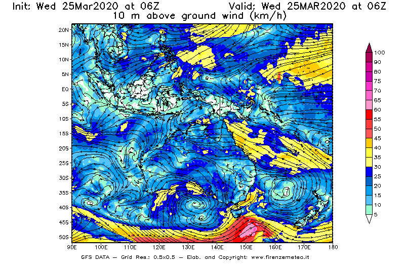 Mappa di analisi GFS - Velocità del vento a 10 metri dal suolo [km/h] in Oceania
							del 25/03/2020 06 <!--googleoff: index-->UTC<!--googleon: index-->